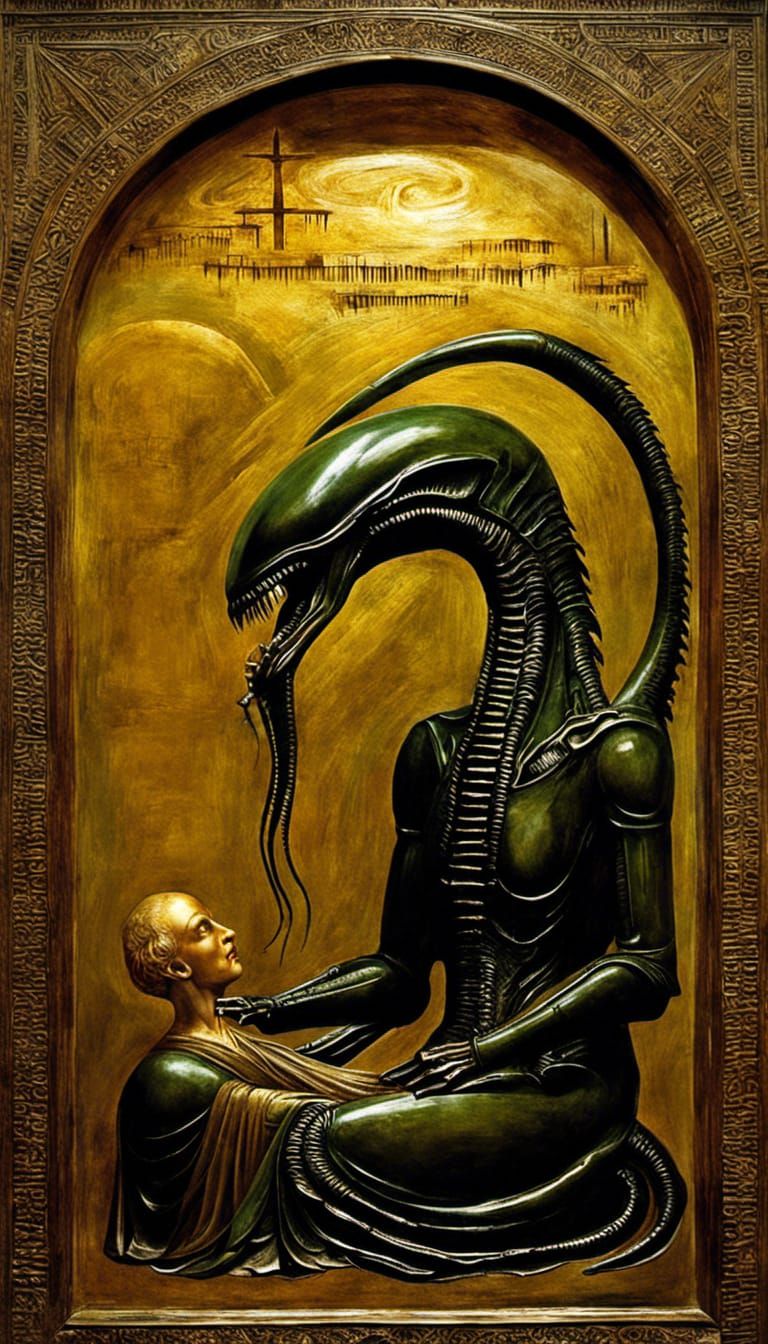 Orthodox Icon Painting: Xenomorph Alien Devouring Human