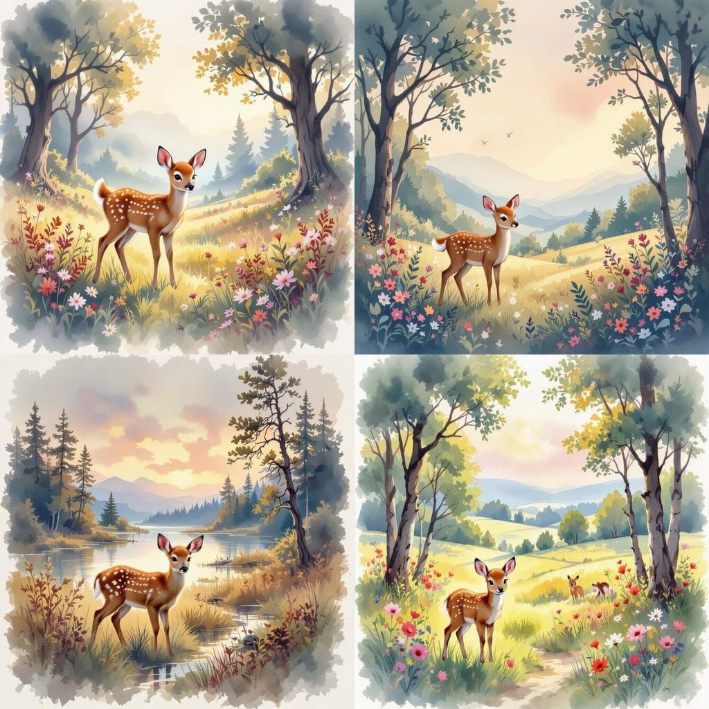 Misty Watercolor Landscape with Adorable Fawn