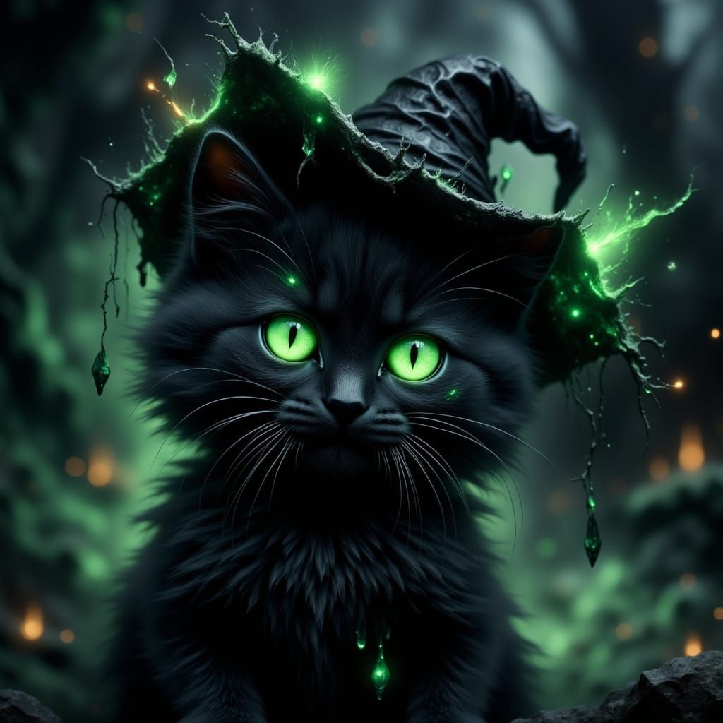 Super Realistic Kitten in Tiny Witch's Hat