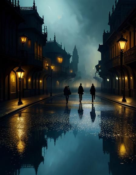 Romantic Kiss Under Streetlights: Fantasy Concept Art