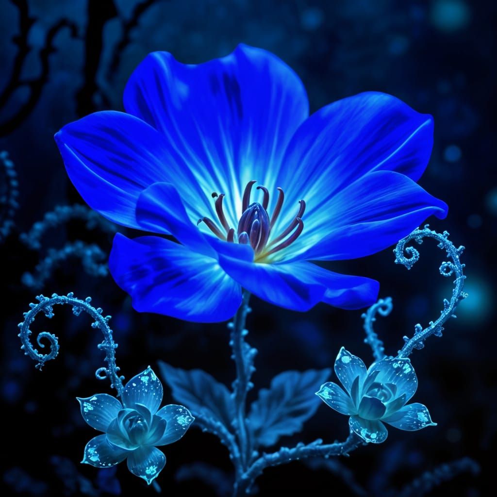 Ethereal Sapphire Bloom in Dark Alien Forest