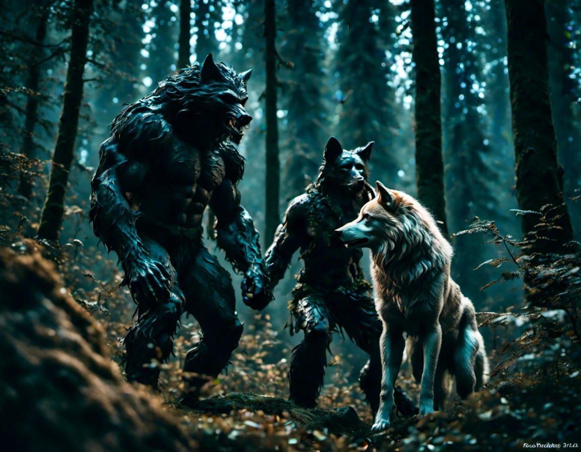 two werewolves meet a regular wolf