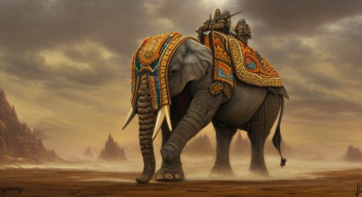 Armored War Elephant in Fantasy Oil Painting Style
