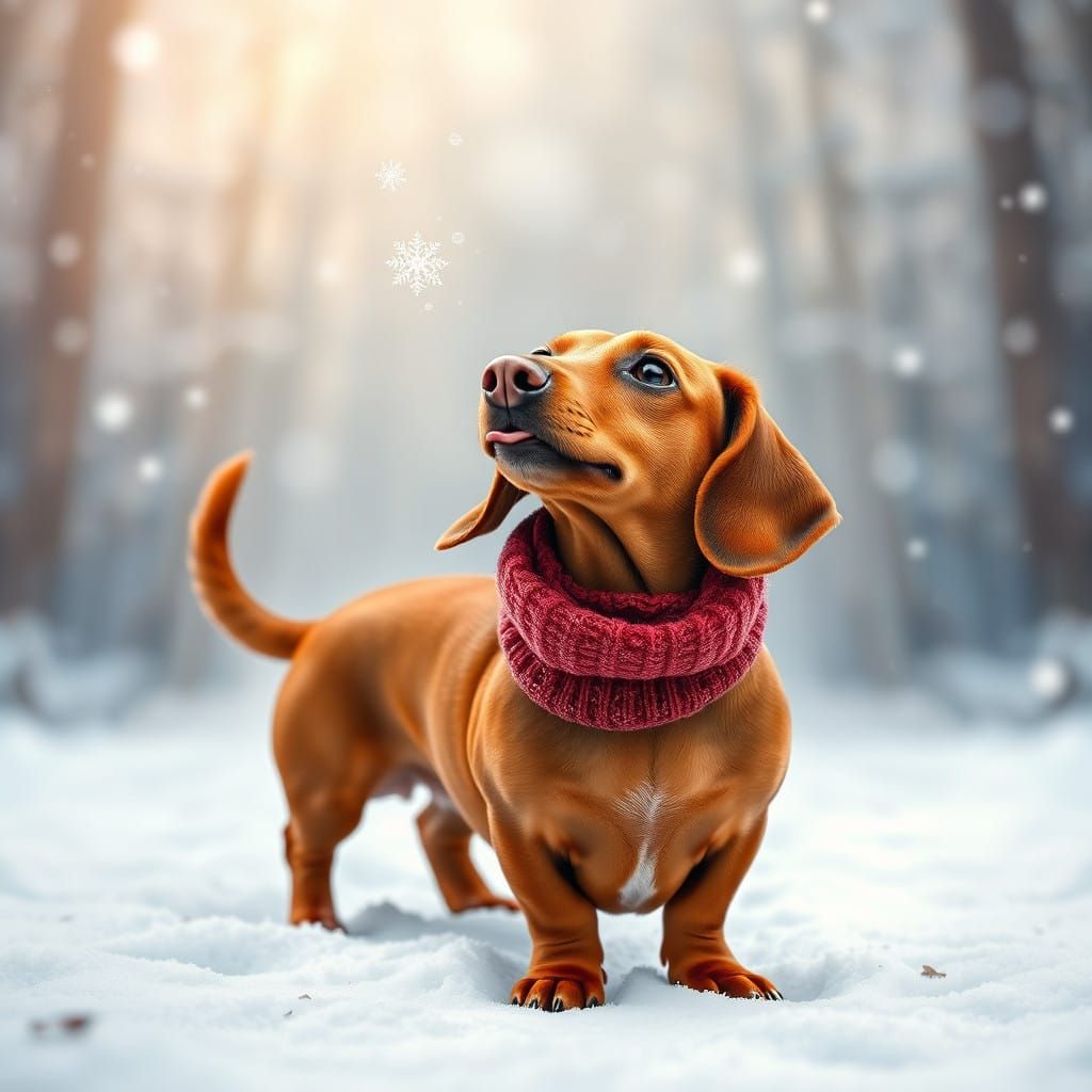 A Hyperrealistic Red Dachshund Chases a Delicate Snowflake