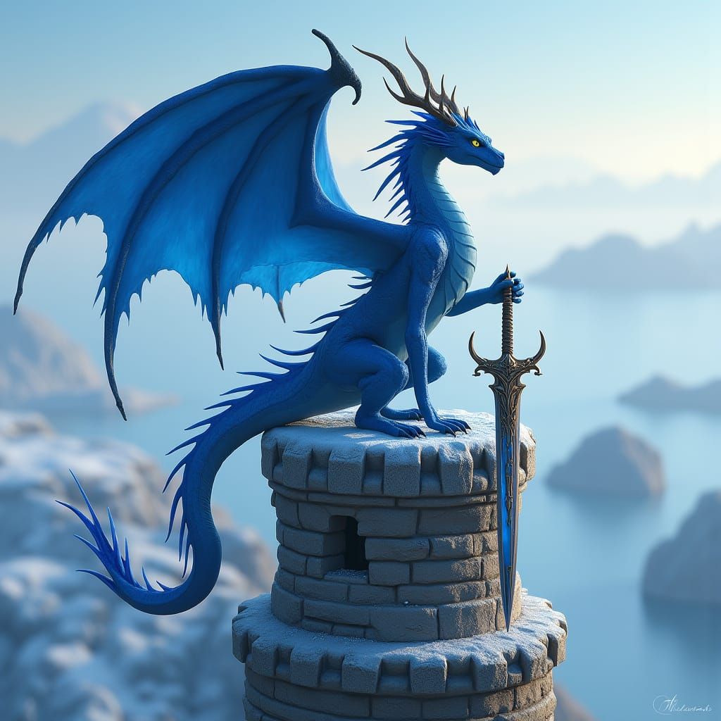 Blue Dragon on Stone Tower: Anime Art