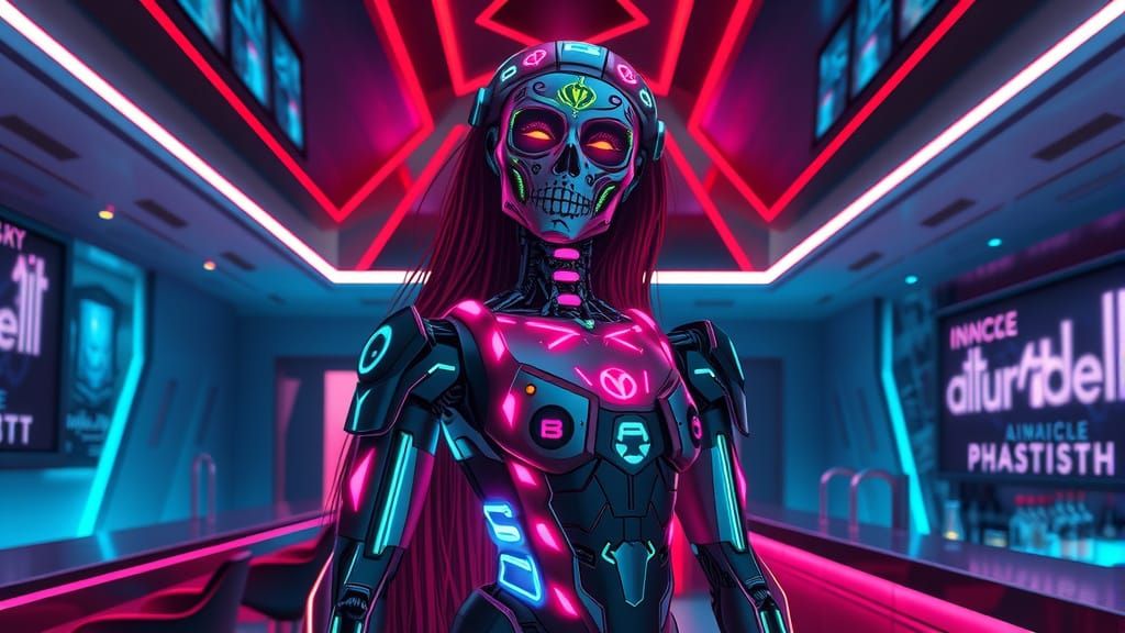 Futuristic Day of the Dead Robot in Neon Hues