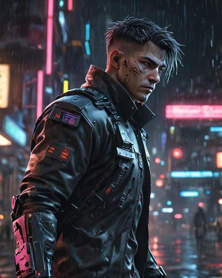 Cyberpunk Cyberpsycho in Rainy Night Firefight
