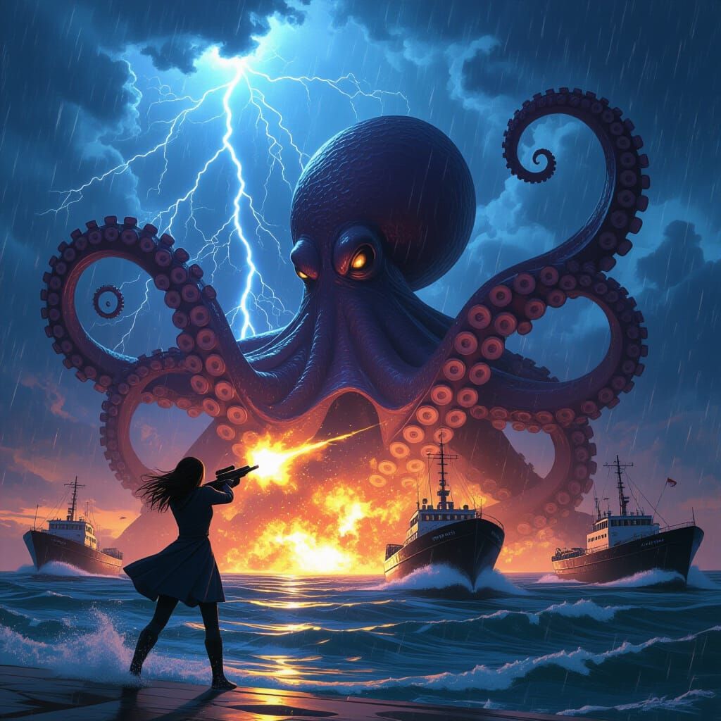 Spy Girl vs. Giant Octopus in Dark Fantasy Style