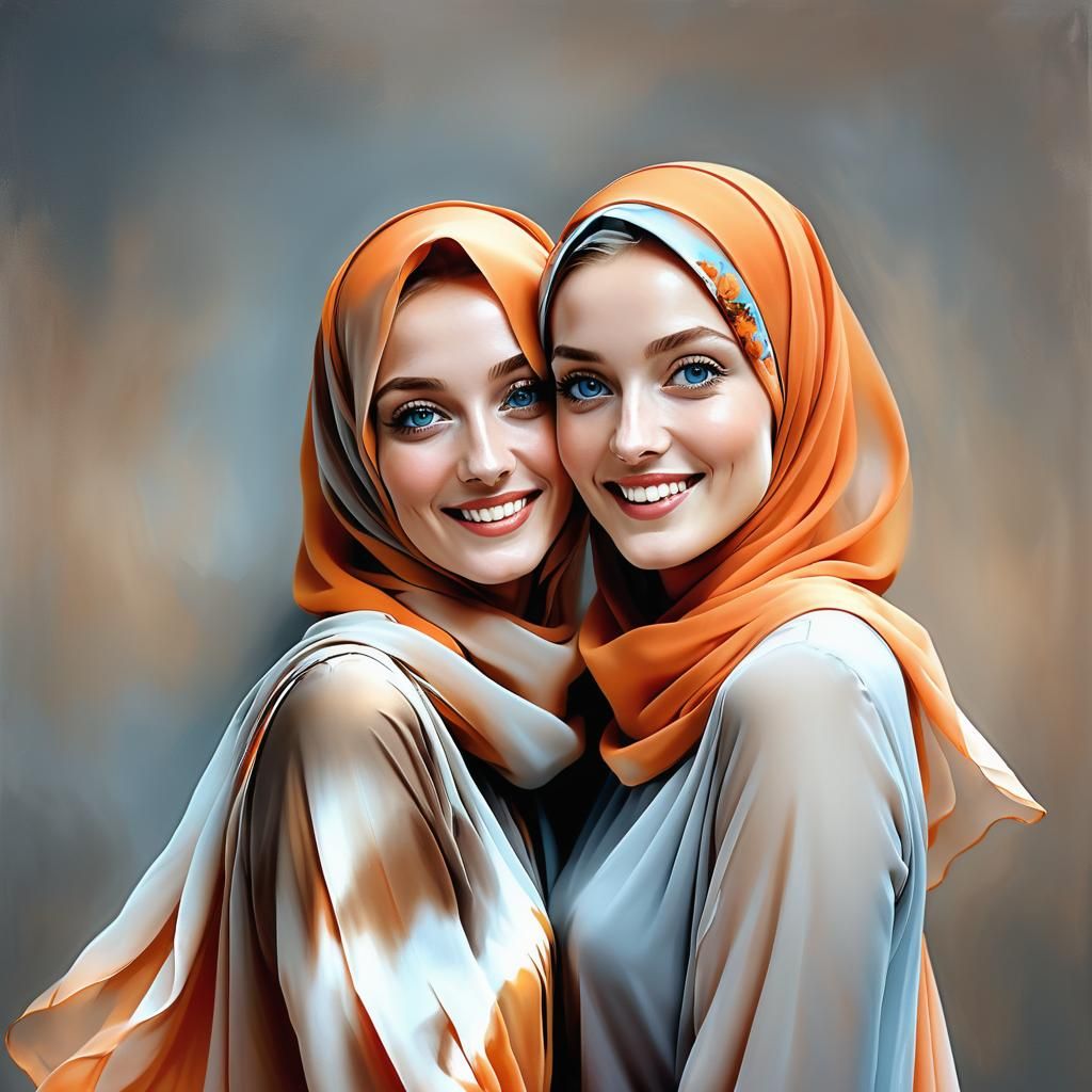Dutch Women in Orange Hijabs: Oil Portrait