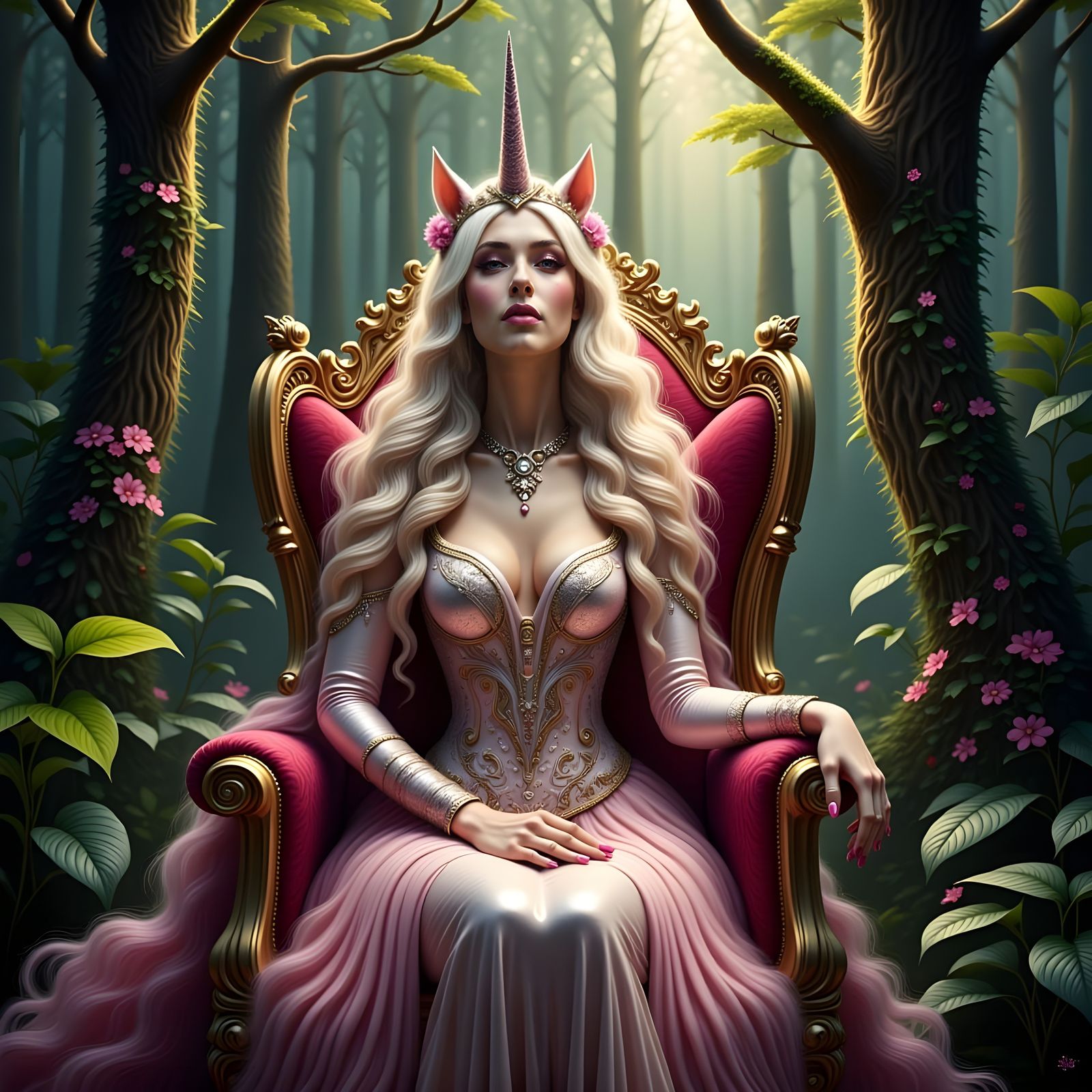 Majestic Unicorn Queen Reigns in Whimsical Forest