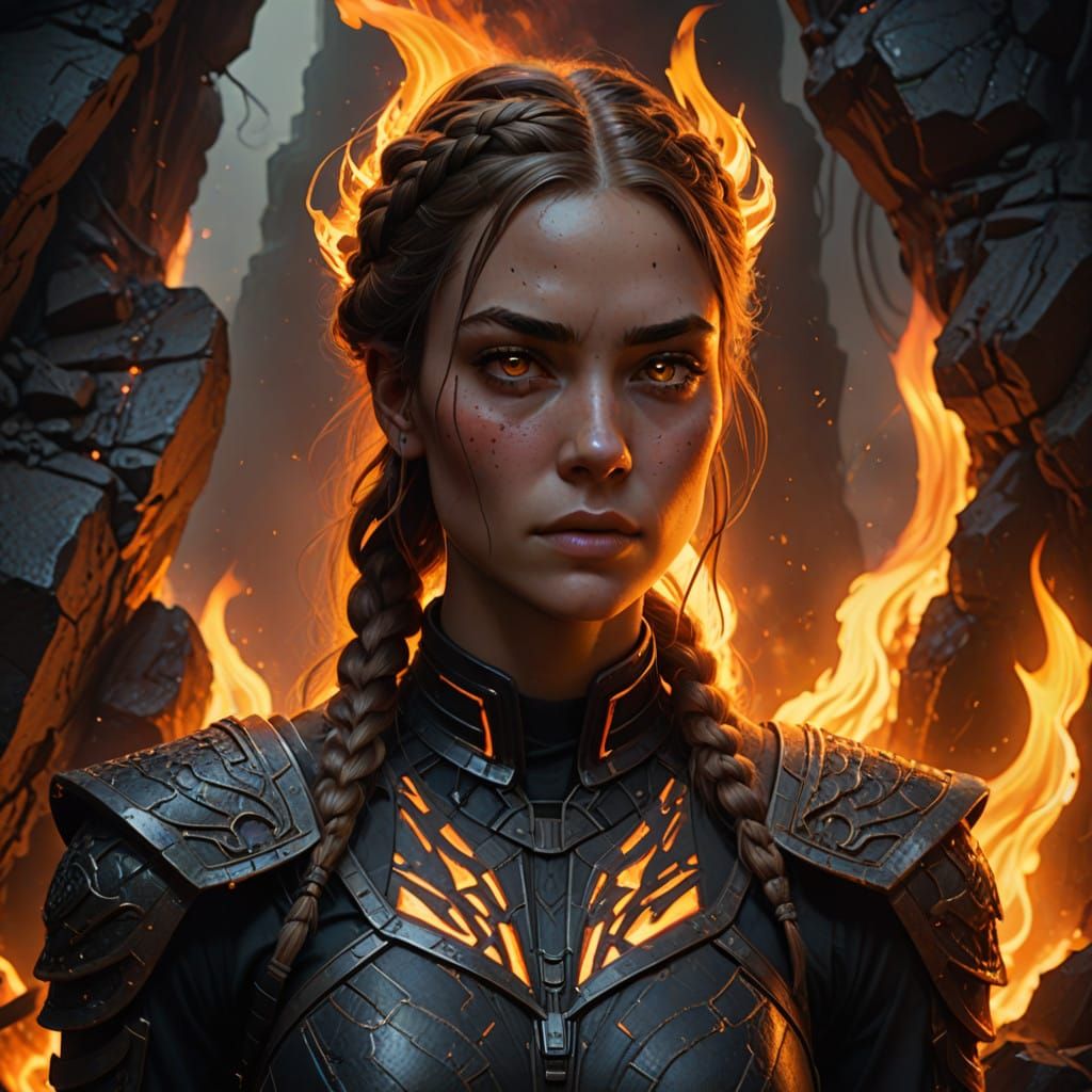 Determined Young Woman in Vivid, Lava-Textured Armor