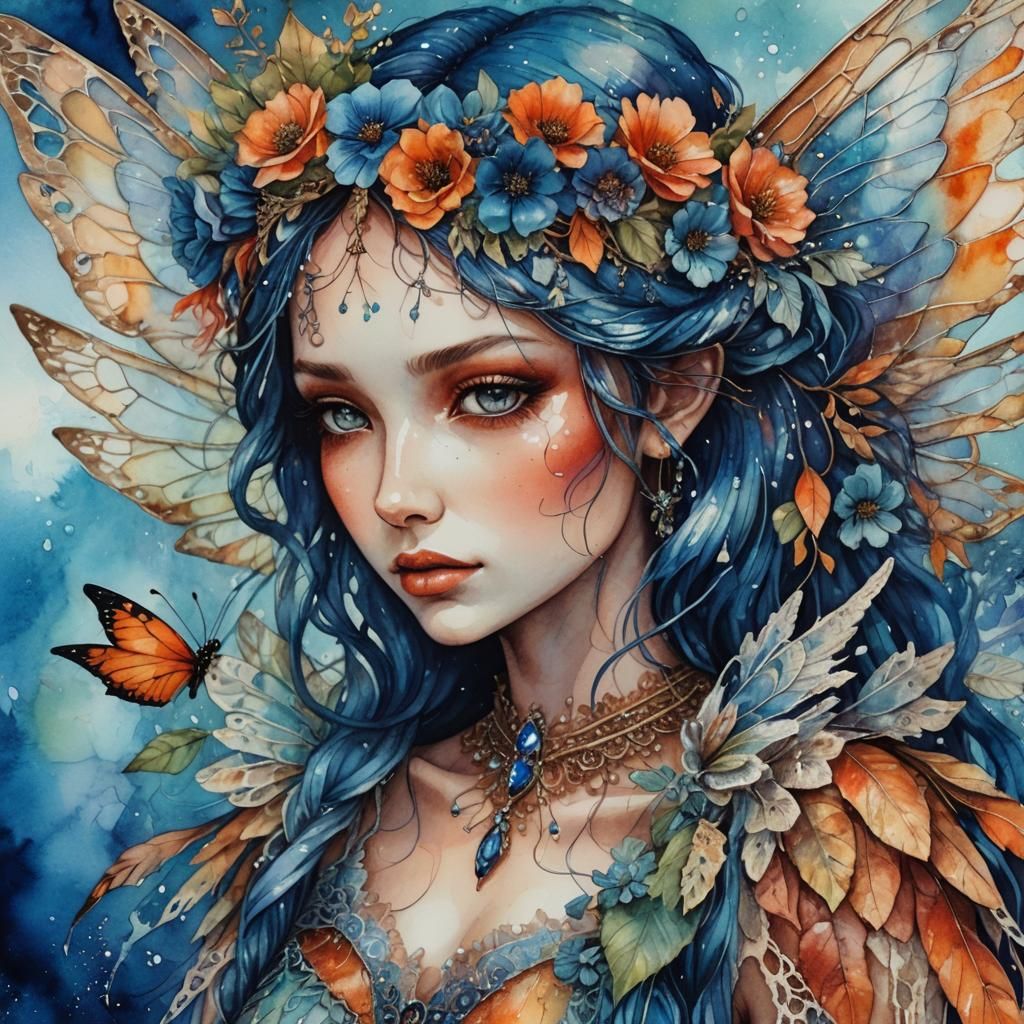 Iridescent Fairy Portrait in Mixed Media Watercolor