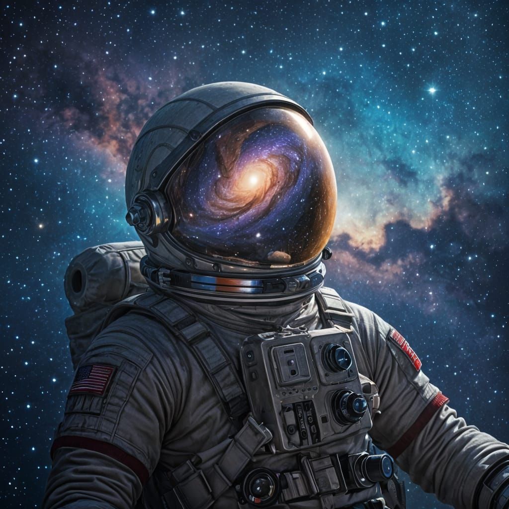 Astronaut Adrift in Nebula Reflecting Distant Galaxy