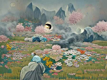 Moonlit Meadow: Floral Ukiyo-e Oil Painting