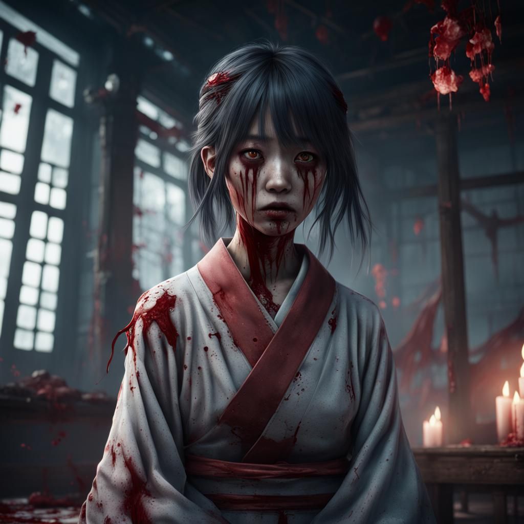 Ghostly Japanese Student Girl in Despair: Matte Painting