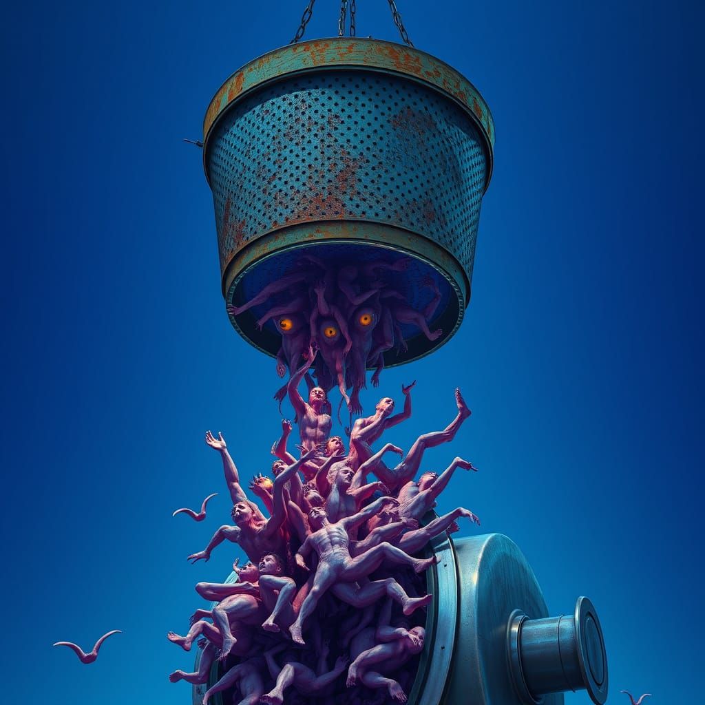 Surrealistic Bucket of Human Forms Enters Meat Grinder, Dali...