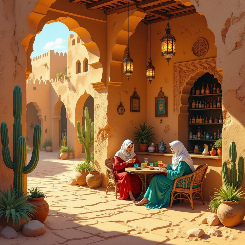 Desert Oasis Cafe with Luminescent Cacti, Moebius & Ghibli S...