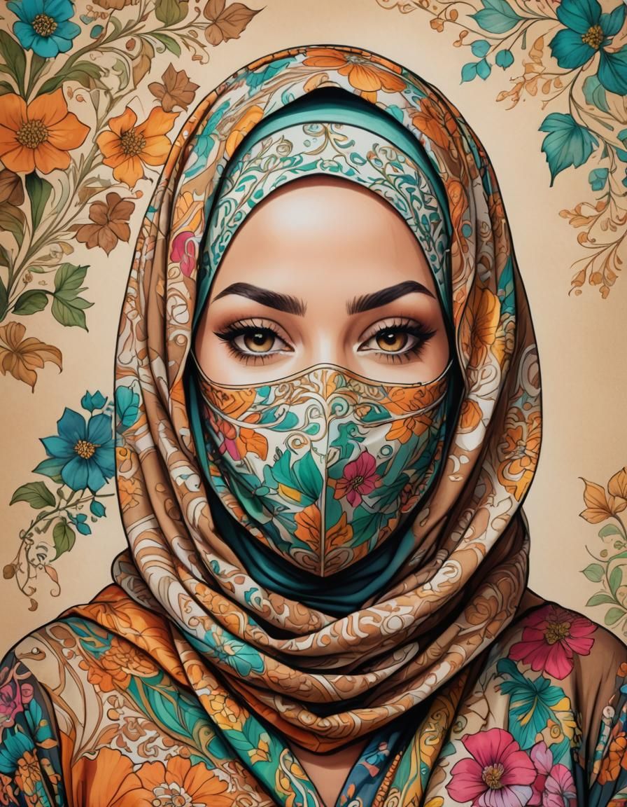 Beautiful Woman in Hijab and Facemask in Pop Art