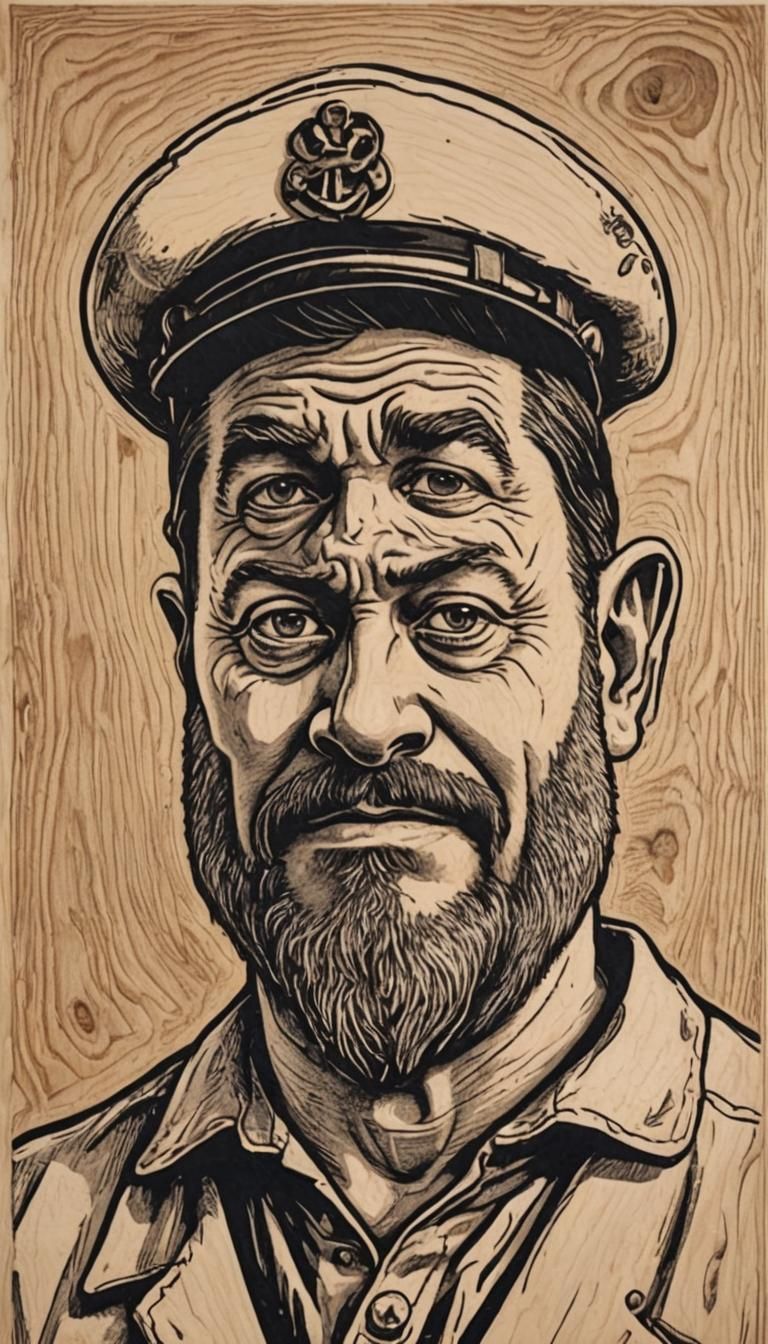 Nick Offerman as Popeye the Sailor Man. Woodcut, linocut