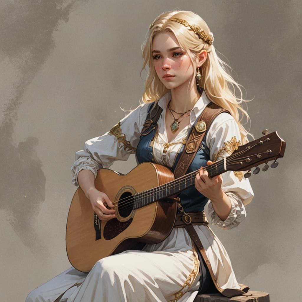 Dreamy Bard Girl with Guitar and Medallion
