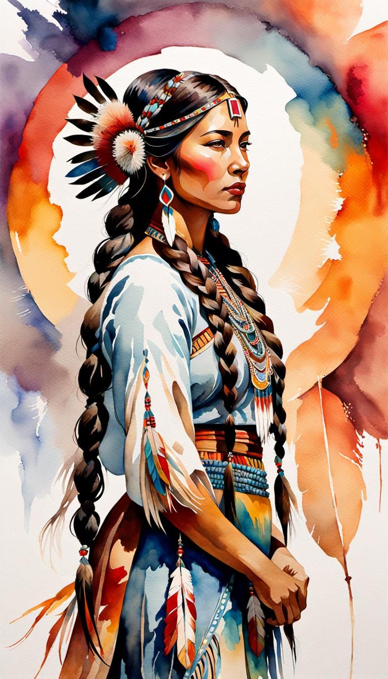 Native American Woman in Watercolor Pow Wow Regalia