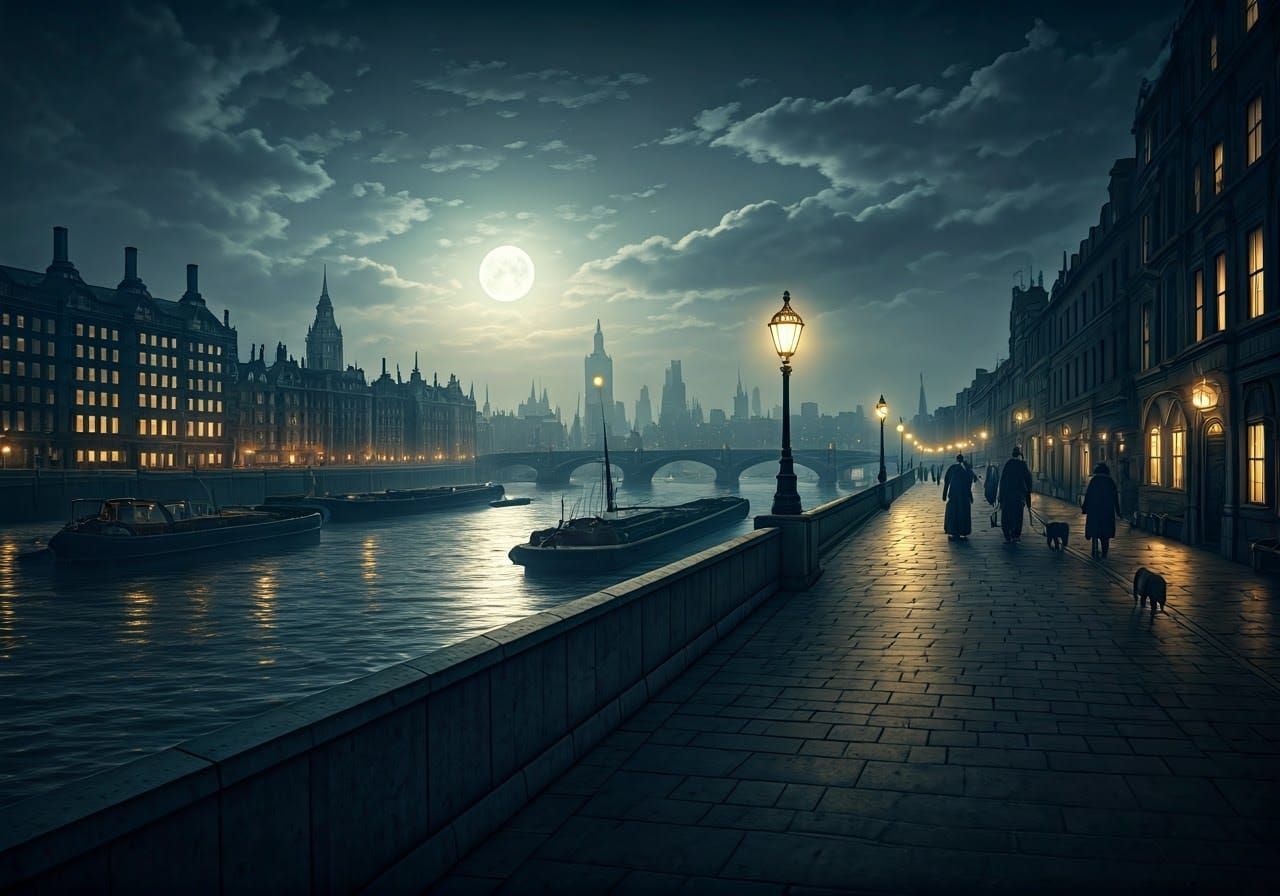Victorian London Nightscape: River Thames in Moonlight