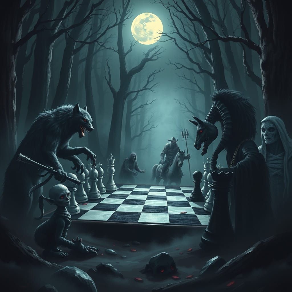 Mysterious Chessboard Scene in Dark, Misty Forest with Werew...