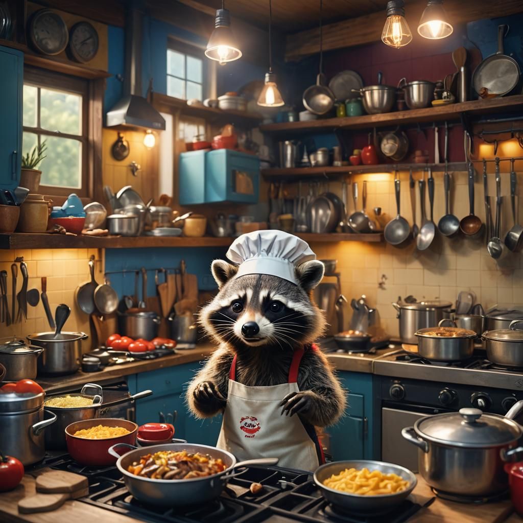 Chef Raccoon in Miniature Kitchen, Hyperrealistic Art