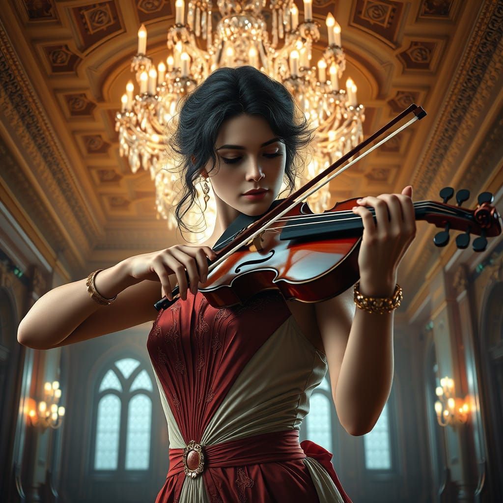 Elegant Woman Violinist in Art Nouveau Style