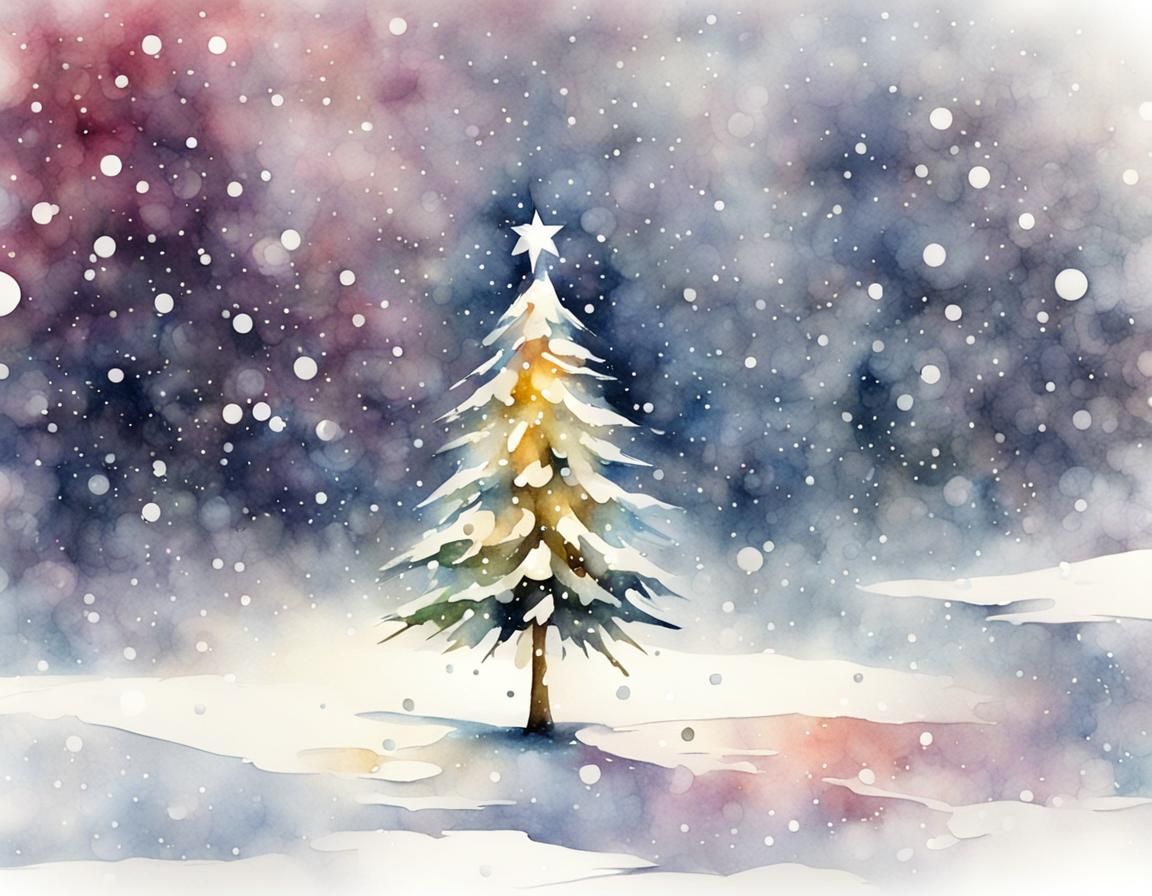 Watercolor Christmas Tree in Winter Snow