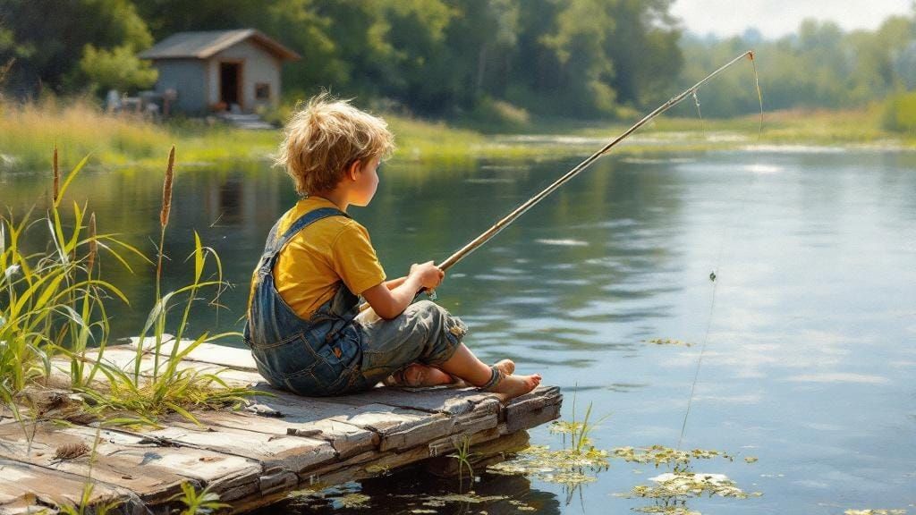 Boy Fishing at Sunset in Impressionistic Style