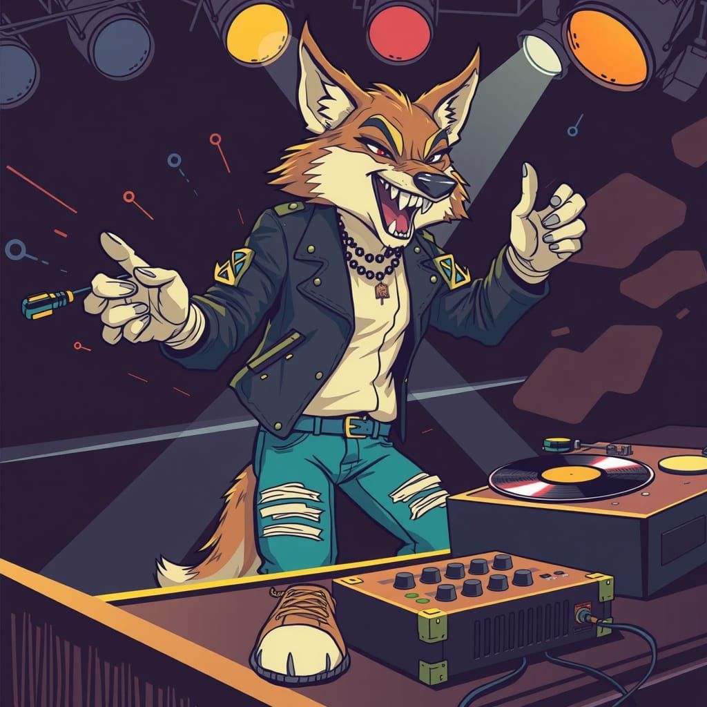 Wolf DJ Rocks a Smoky Club in 2D Animation Style