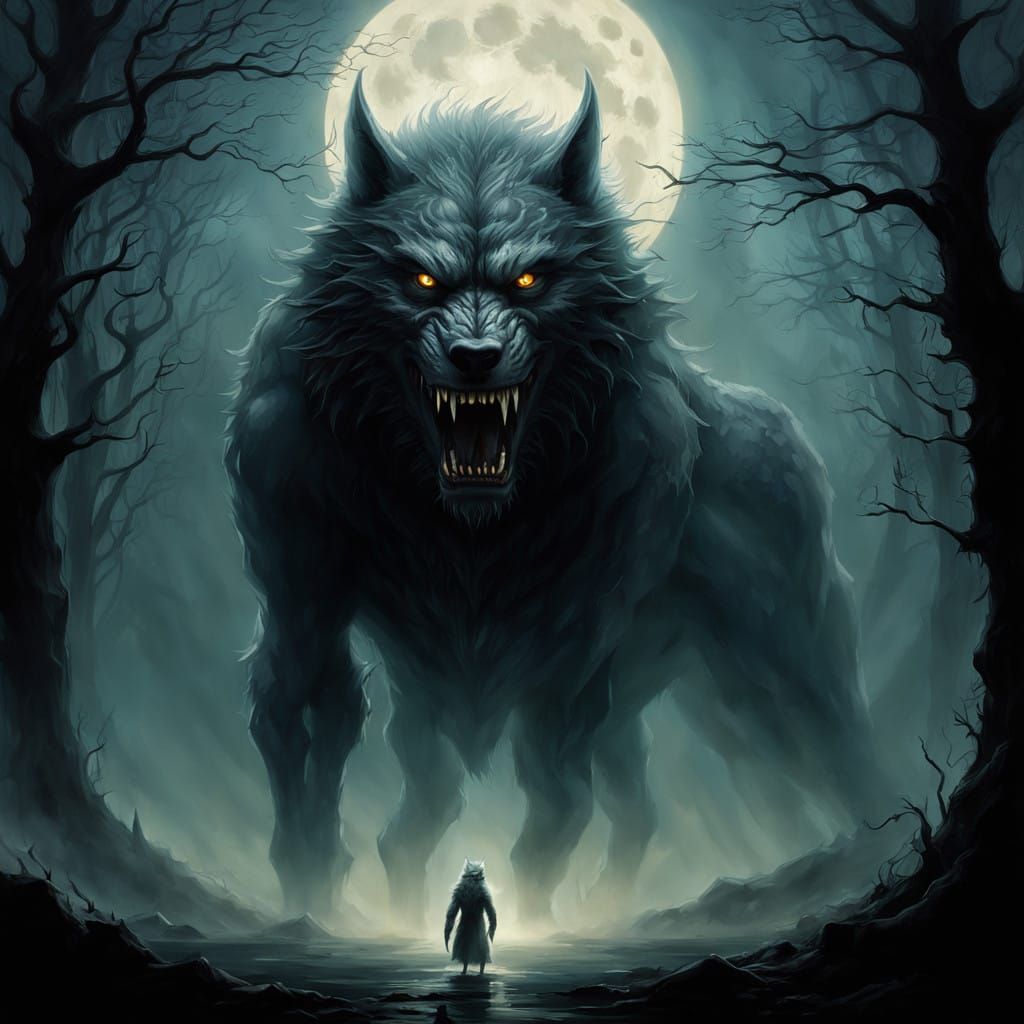 Moonlit Werewolf Emerges from Fog in Dark, Ominous Digital A...