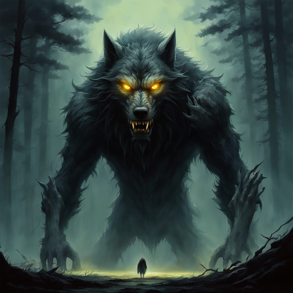 Werewolf in Eerie Fog, Illuminated by Ethereal Glow