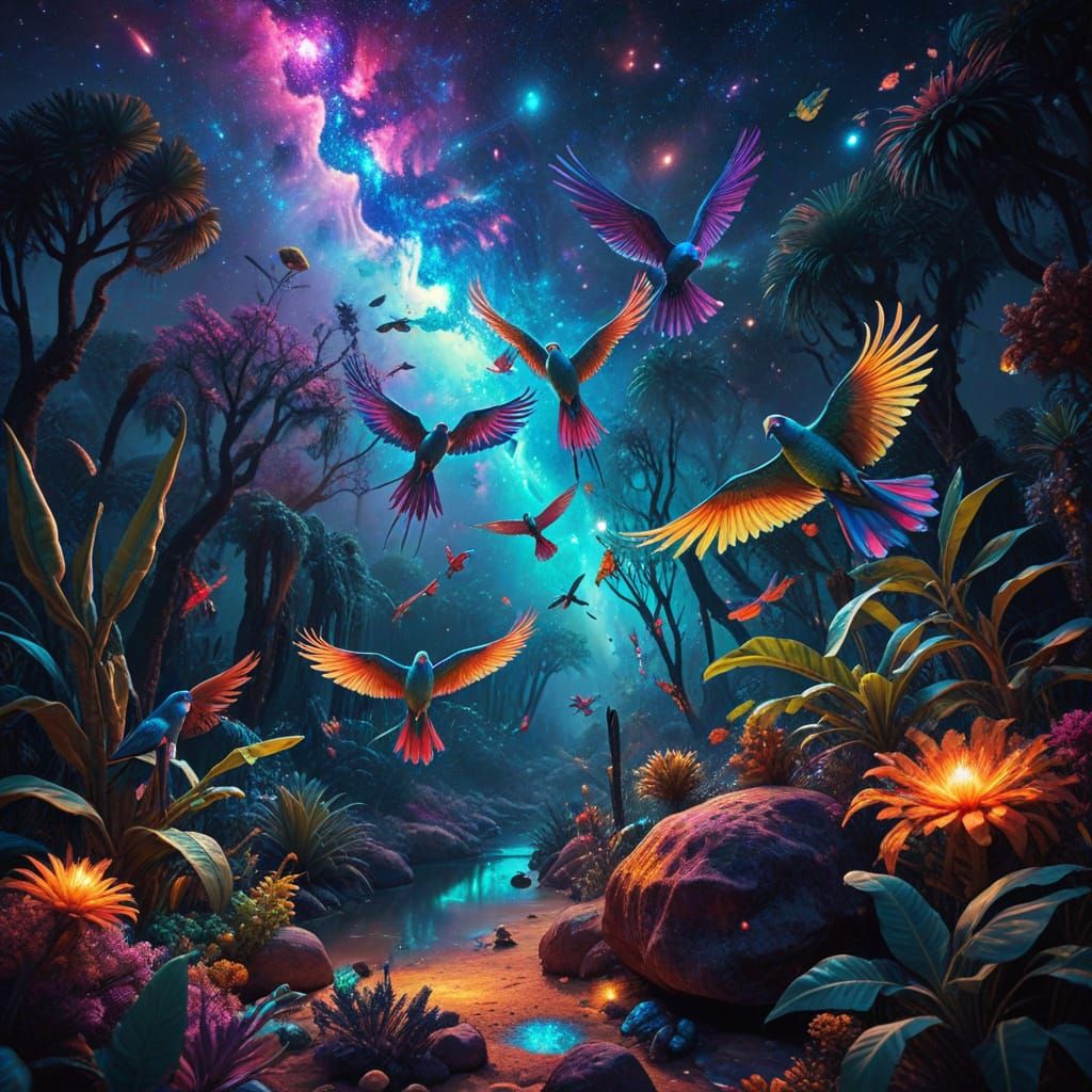 Cosmic Parrot Flock Over Desert Oasis Illustration
