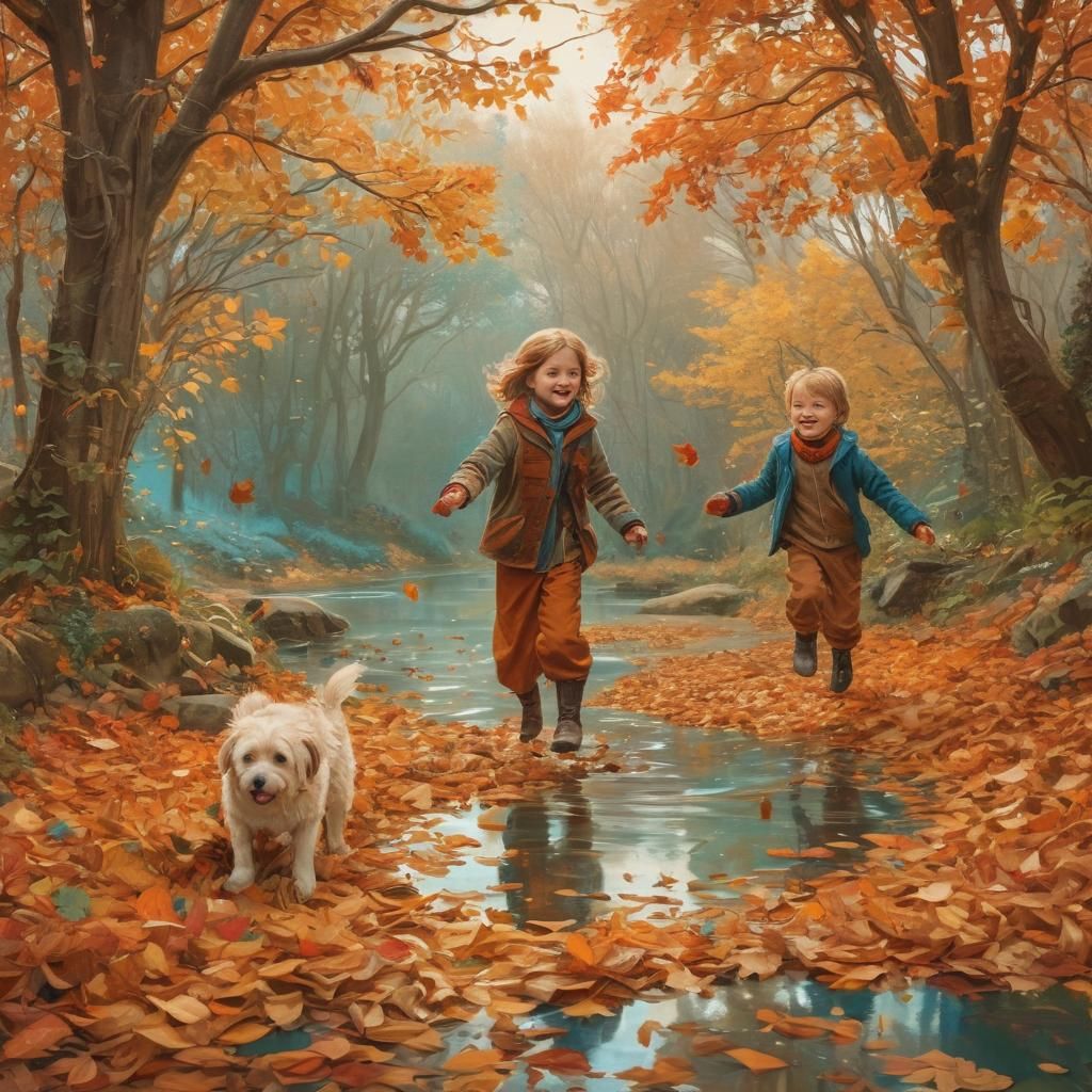 Children Playing in Autumn Leaves, Pen and Ink Style