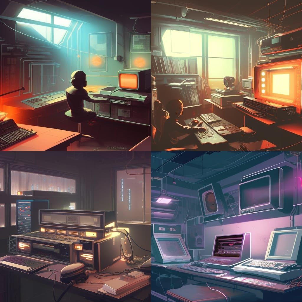 Retro Computer Studio in Cyberpunk Anime Style