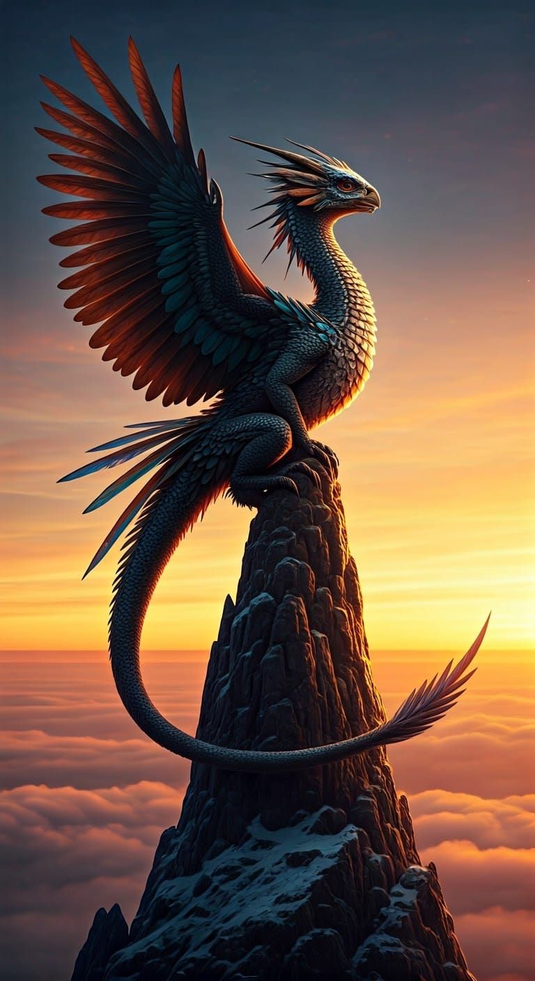 Majestic Dragon-Griffin Soars into Vibrant Sunrise