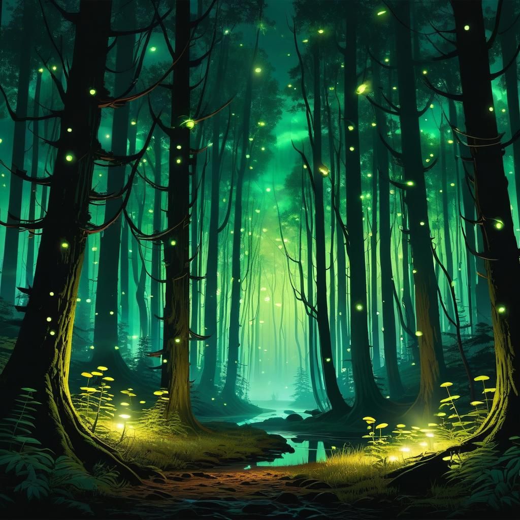 Eldritch Forest: Green Fireflies in Gloomy Landscape