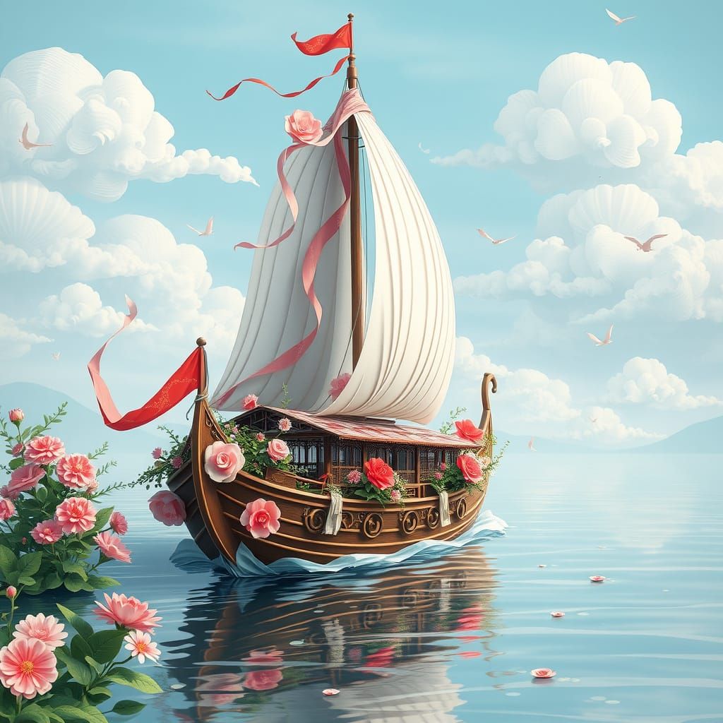 Magical Chinese Junk Boat Floating Down River in Anime Style