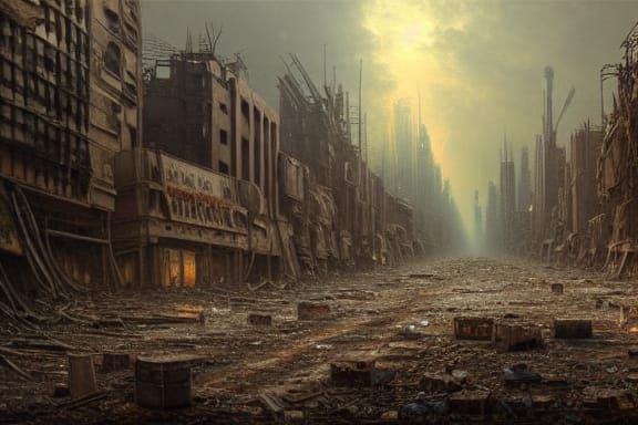 Post-Apocalyptic Cityscape with Sleeping Kitten as Oil Paint...