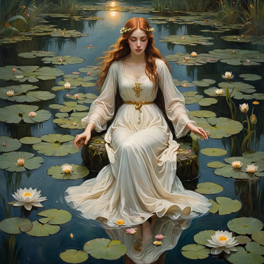 Romantic Water Nymph in a Moonlit Pond