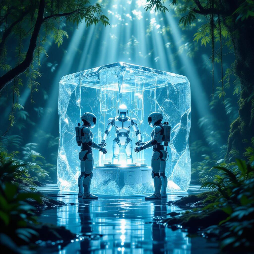 Robot Operates Lab Inside Ice Cube in Forest