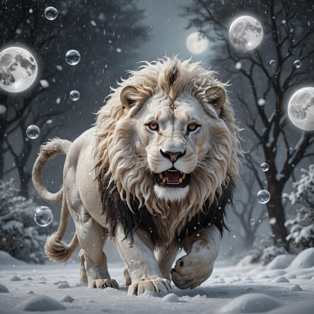 White Lion Cub Dancing in Snowy Moonlight