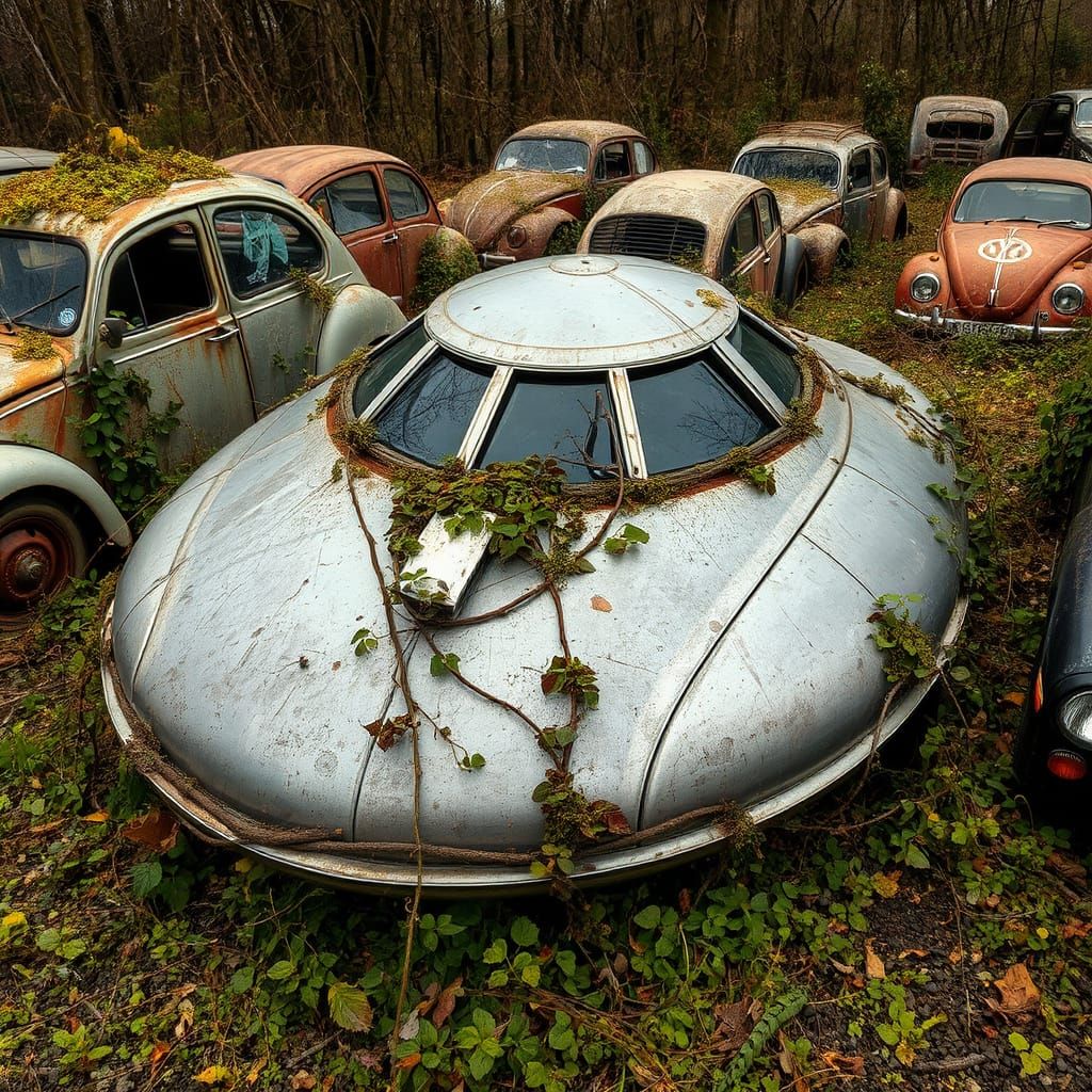 Dystopian Salvage Yard with Abandoned UFO, Overgrown and Wea...