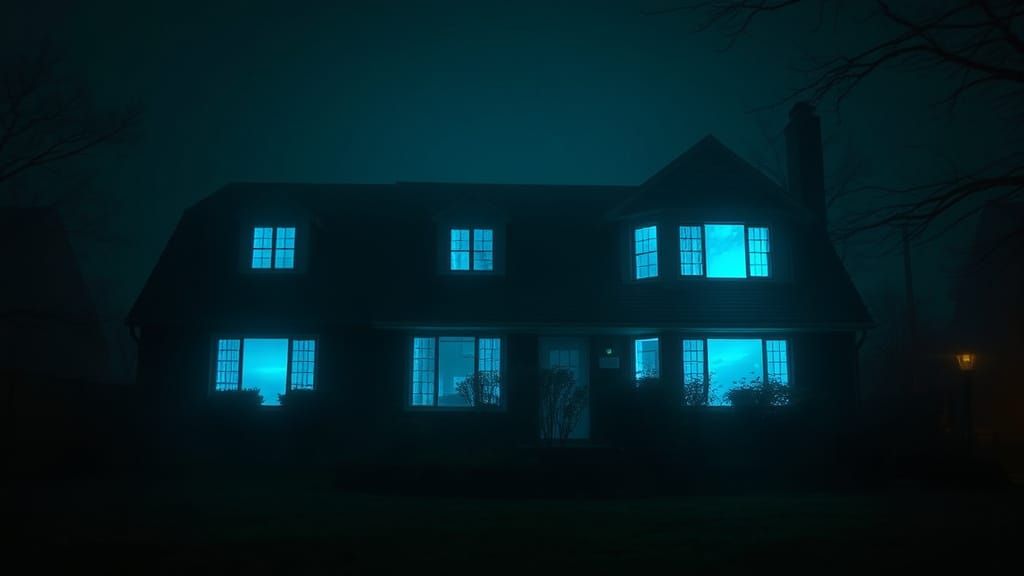Creepy 1990s House with Eerie Blue Windows