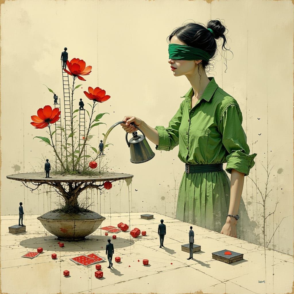 Surreal Plant Watering with Dice and Ladders