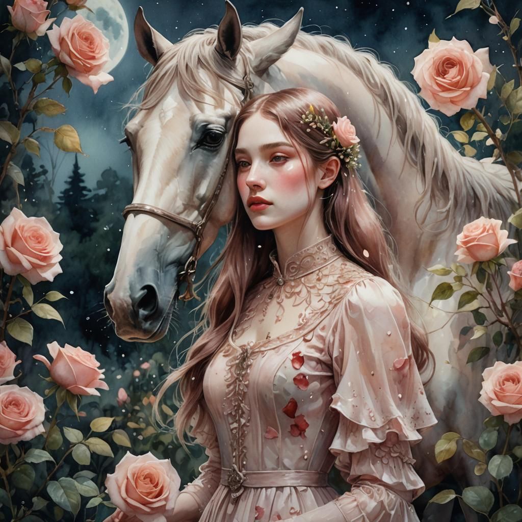 Rose Petal Horse Girl in Moonlit Garden
