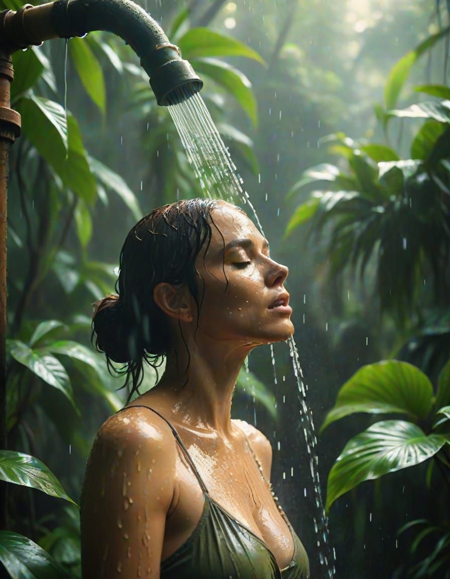 Jungle Adventurer Showering in Rainforest: Cinematic Still