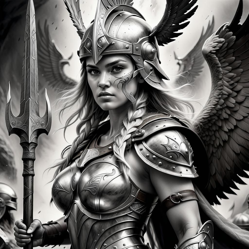Beautiful valkyrie with spear and magic helmet in Valhalla h...